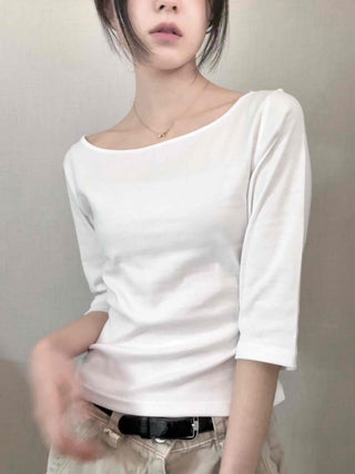Asymmetrical Slash Neck Slim Ribbed Long Sleeve T-shirt