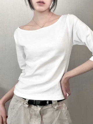 Asymmetrical Slash Neck Slim Ribbed Long Sleeve T-shirt
