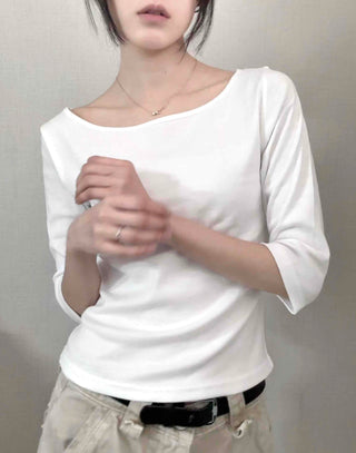 Asymmetrical Slash Neck Slim Ribbed Long Sleeve T-shirt