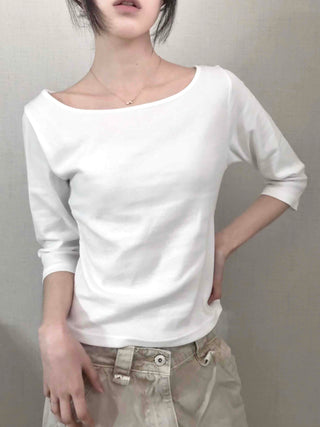 Asymmetrical Slash Neck Slim Ribbed Long Sleeve T-shirt