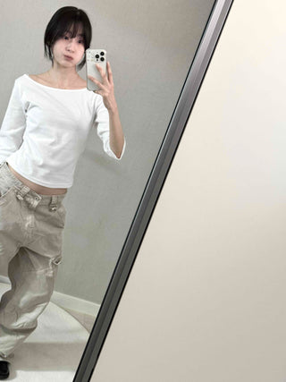 Asymmetrical Slash Neck Slim Ribbed Long Sleeve T-shirt