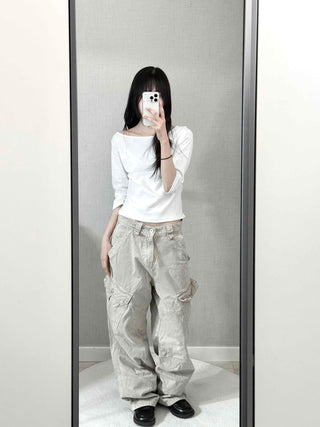 Asymmetrical Slash Neck Slim Ribbed Long Sleeve T-shirt