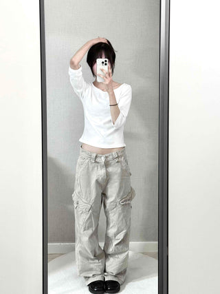 Asymmetrical Slash Neck Slim Ribbed Long Sleeve T-shirt