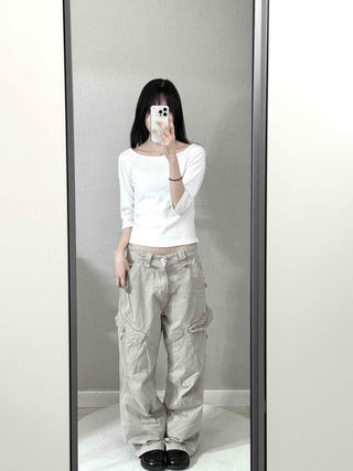 Asymmetrical Slash Neck Slim Ribbed Long Sleeve T-shirt