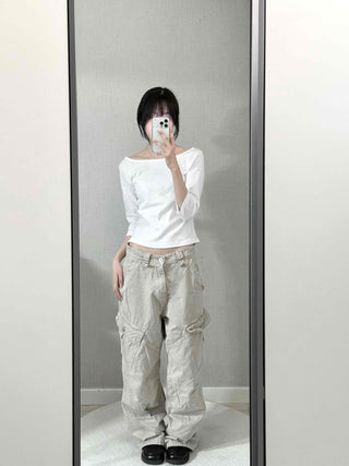 Asymmetrical Slash Neck Slim Ribbed Long Sleeve T-shirt