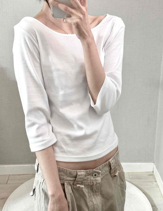 Asymmetrical Slash Neck Slim Ribbed Long Sleeve T-shirt