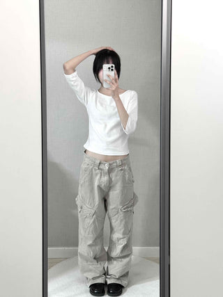 Asymmetrical Slash Neck Slim Ribbed Long Sleeve T-shirt