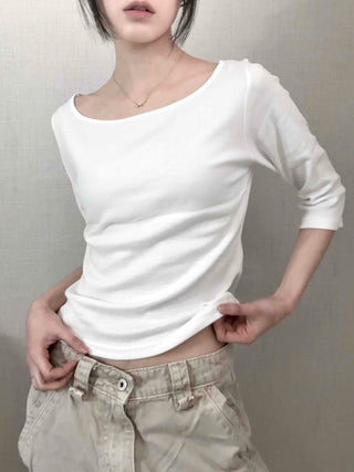 Asymmetrical Slash Neck Slim Ribbed Long Sleeve T-shirt
