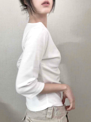 Asymmetrical Slash Neck Slim Ribbed Long Sleeve T-shirt