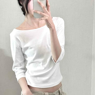 Asymmetrical Slash Neck Slim Ribbed Long Sleeve T-shirt