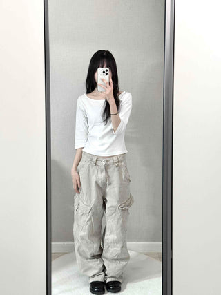 Asymmetrical Slash Neck Slim Ribbed Long Sleeve T-shirt