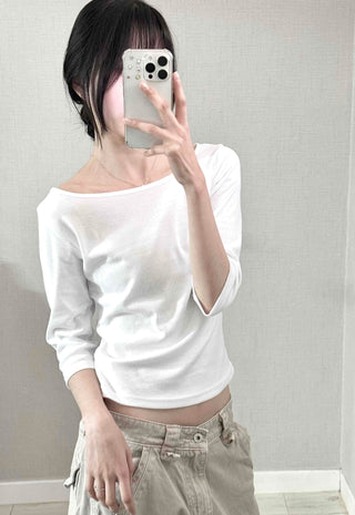 Asymmetrical Slash Neck Slim Ribbed Long Sleeve T-shirt