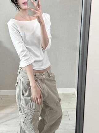 Asymmetrical Slash Neck Slim Ribbed Long Sleeve T-shirt