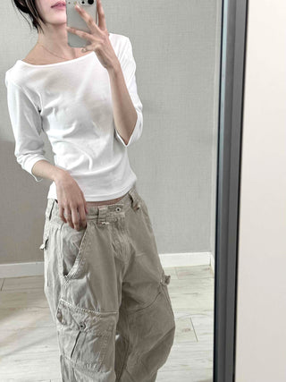 Asymmetrical Slash Neck Slim Ribbed Long Sleeve T-shirt