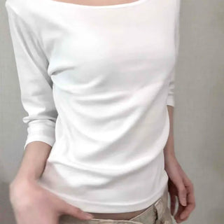 Asymmetrical Slash Neck Slim Ribbed Long Sleeve T-shirt