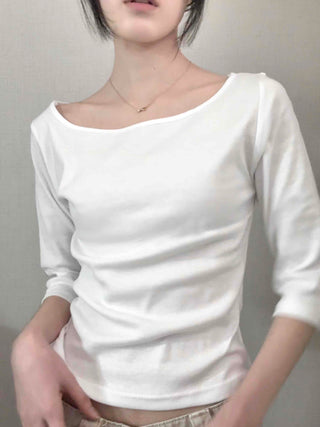 Asymmetrical Slash Neck Slim Ribbed Long Sleeve T-shirt
