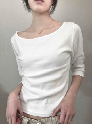 Asymmetrical Slash Neck Slim Ribbed Long Sleeve T-shirt