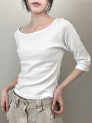 Asymmetrical Slash Neck Slim Ribbed Long Sleeve T-shirt