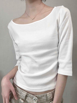 Asymmetrical Slash Neck Slim Ribbed Long Sleeve T-shirt