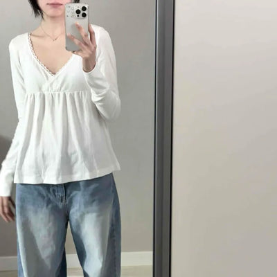 Romantic Peach Lace Empire Fluttering Long Sleeve T-shirt
