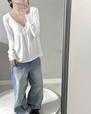 Romantic Peach Lace Empire Fluttering Long Sleeve T-shirt