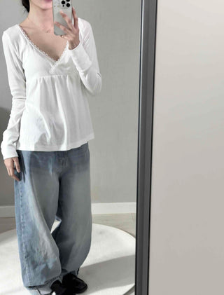 Romantic Peach Lace Empire Fluttering Long Sleeve T-shirt