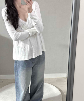 Romantic Peach Lace Empire Fluttering Long Sleeve T-shirt