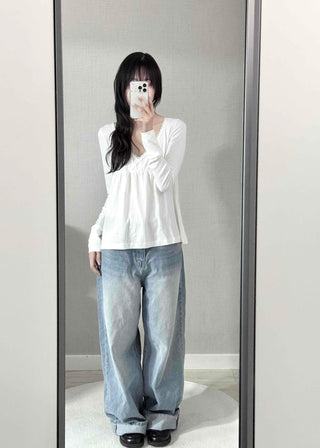 Romantic Peach Lace Empire Fluttering Long Sleeve T-shirt