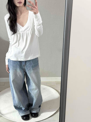 Romantic Peach Lace Empire Fluttering Long Sleeve T-shirt