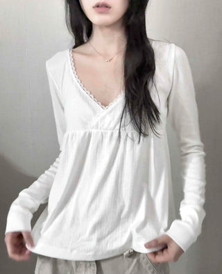 Romantic Peach Lace Empire Fluttering Long Sleeve T-shirt