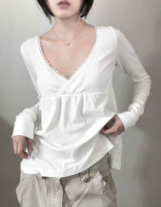 Romantic Peach Lace Empire Fluttering Long Sleeve T-shirt