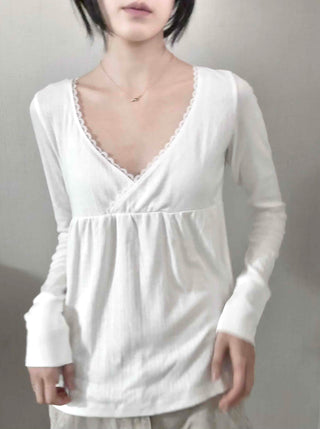 Romantic Peach Lace Empire Fluttering Long Sleeve T-shirt