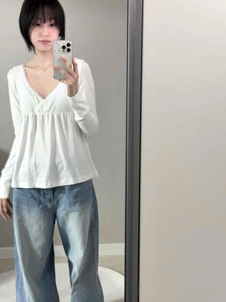 Romantic Peach Lace Empire Fluttering Long Sleeve T-shirt