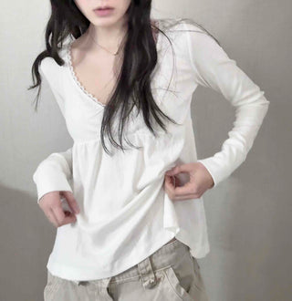 Romantic Peach Lace Empire Fluttering Long Sleeve T-shirt