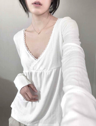 Romantic Peach Lace Empire Fluttering Long Sleeve T-shirt