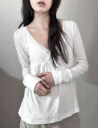 Romantic Peach Lace Empire Fluttering Long Sleeve T-shirt