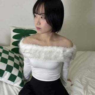 Fuzzy Shoulder Shirred Tight Fit Long Sleeve T-shirt