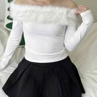 Fuzzy Shoulder Shirred Tight Fit Long Sleeve T-shirt