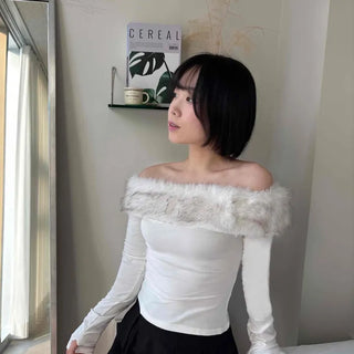 Fuzzy Shoulder Shirred Tight Fit Long Sleeve T-shirt