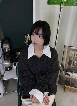 Mink Boucle Wide Collar Drop Shoulder Cardigan