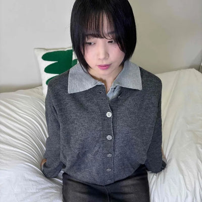 Wide collar color-block polo button knit cardigan