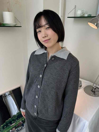 Wide collar color-block polo button knit cardigan