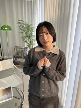 Wide collar color-block polo button knit cardigan