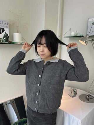 Wide collar color-block polo button knit cardigan