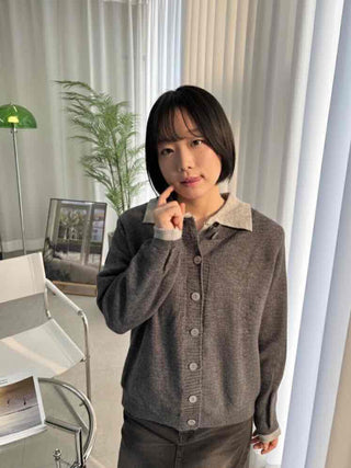 Wide collar color-block polo button knit cardigan