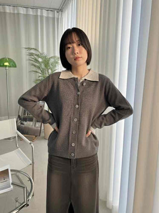 Wide collar color-block polo button knit cardigan
