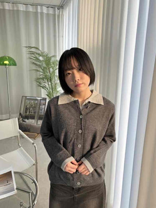 Wide collar color-block polo button knit cardigan