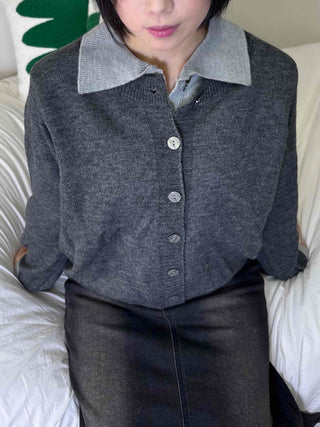 Wide collar color-block polo button knit cardigan