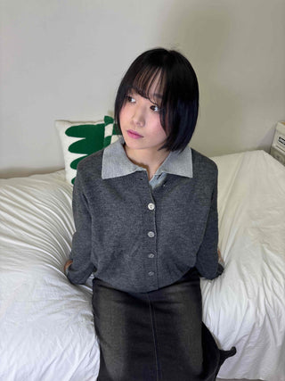 Wide collar color-block polo button knit cardigan