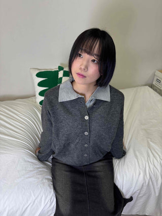 Wide collar color-block polo button knit cardigan